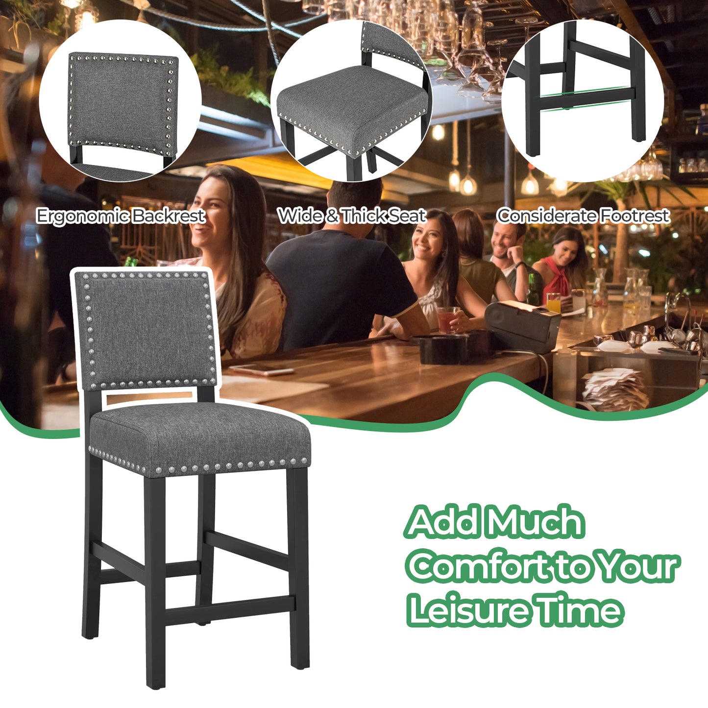 Set of 2 Counter Height Bar Stools with Solid Rubber Wood Frame - 38.5 Inch