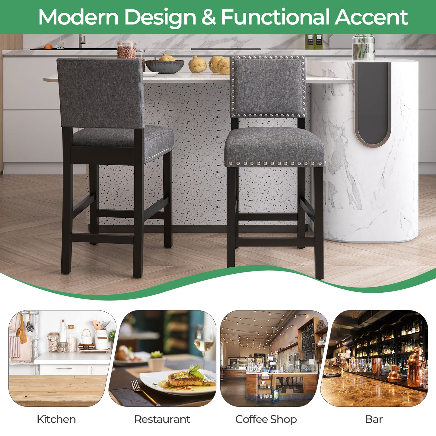 Set of 2 Counter Height Bar Stools with Solid Rubber Wood Frame - 38.5 Inch