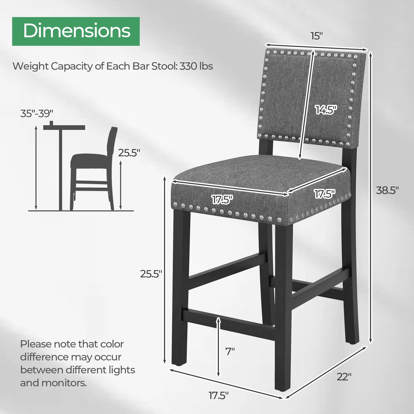 Set of 2 Counter Height Bar Stools with Solid Rubber Wood Frame - 38.5 Inch