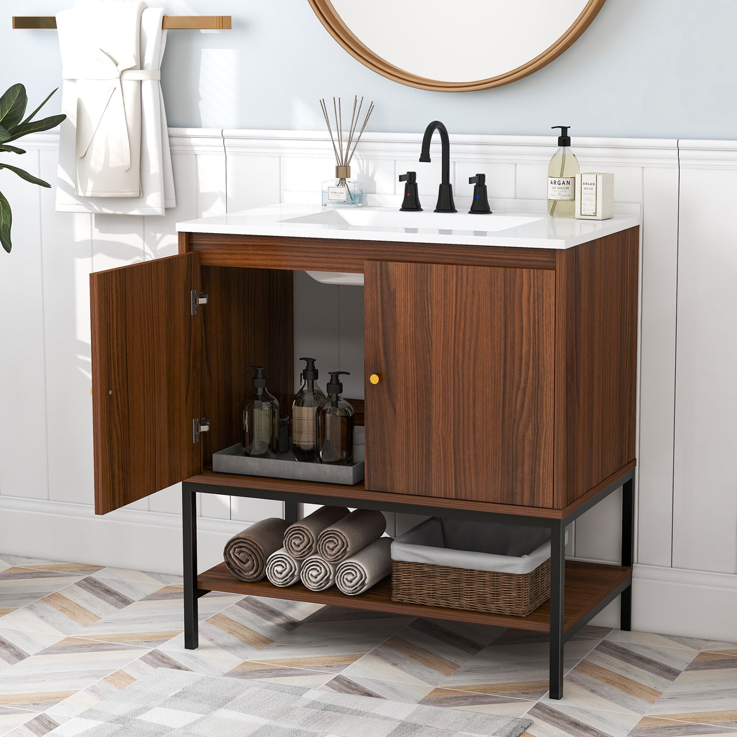 31 Inch Modern Bathroom Vanity Sink Combo with 2 Cabinet Doors & Open Storage Shelf