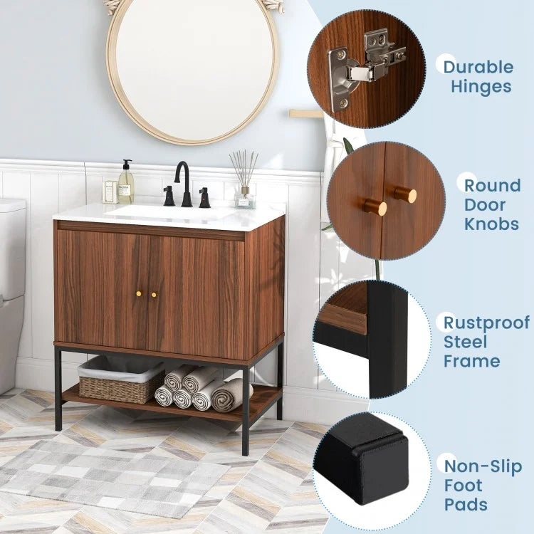 31 Inch Modern Bathroom Vanity Sink Combo with 2 Cabinet Doors & Open Storage Shelf