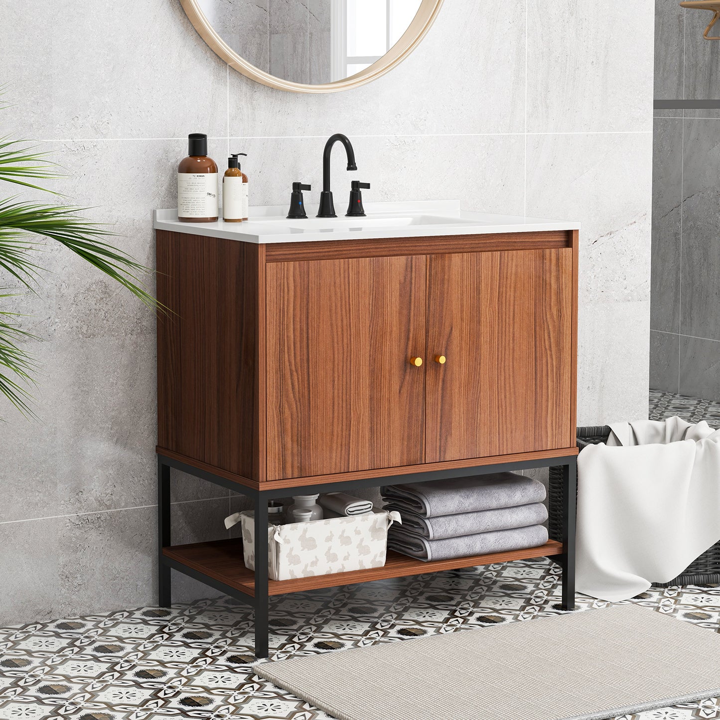 31 Inch Modern Bathroom Vanity Sink Combo with 2 Cabinet Doors & Open Storage Shelf