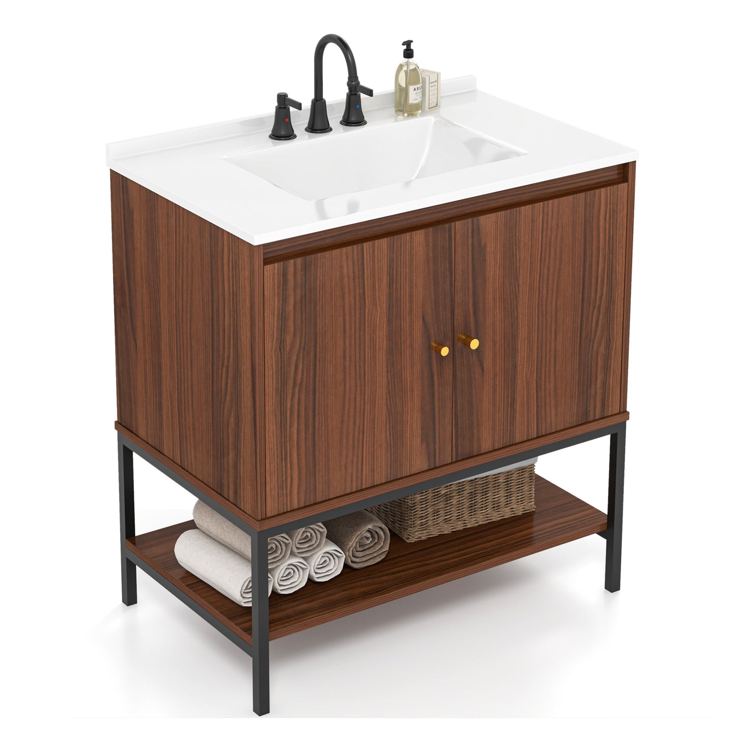 31 Inch Modern Bathroom Vanity Sink Combo with 2 Cabinet Doors & Open Storage Shelf