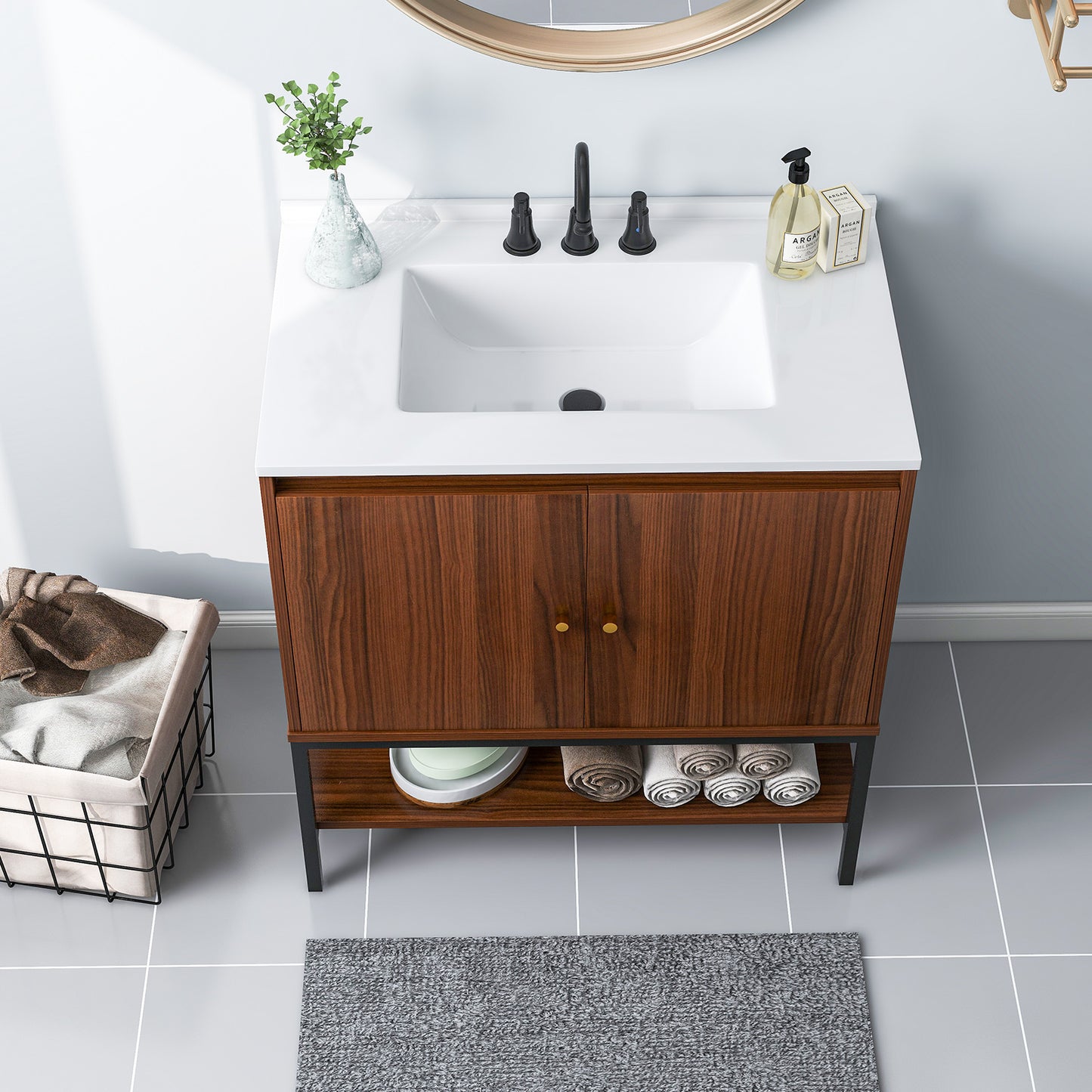 31 Inch Modern Bathroom Vanity Sink Combo with 2 Cabinet Doors & Open Storage Shelf