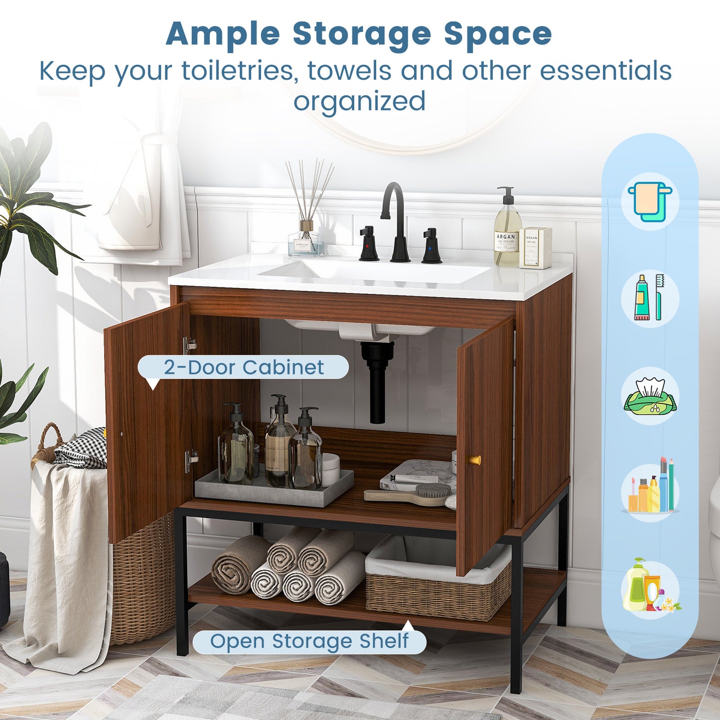31 Inch Modern Bathroom Vanity Sink Combo with 2 Cabinet Doors & Open Storage Shelf