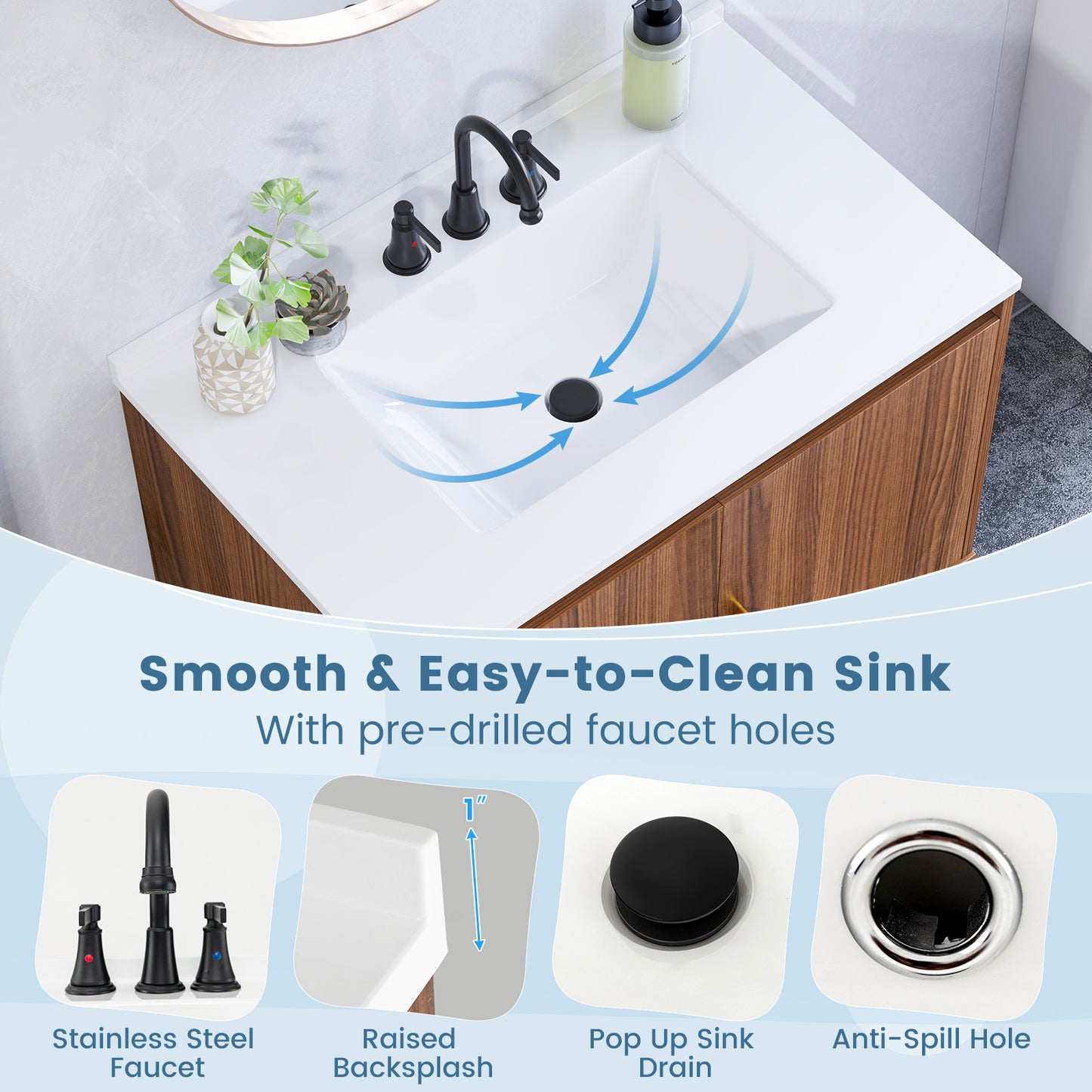 31 Inch Modern Bathroom Vanity Sink Combo with 2 Cabinet Doors & Open Storage Shelf