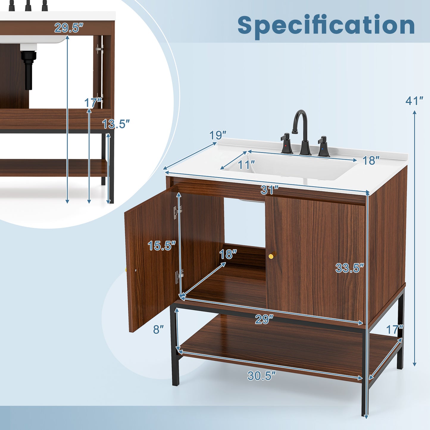 31 Inch Modern Bathroom Vanity Sink Combo with 2 Cabinet Doors & Open Storage Shelf