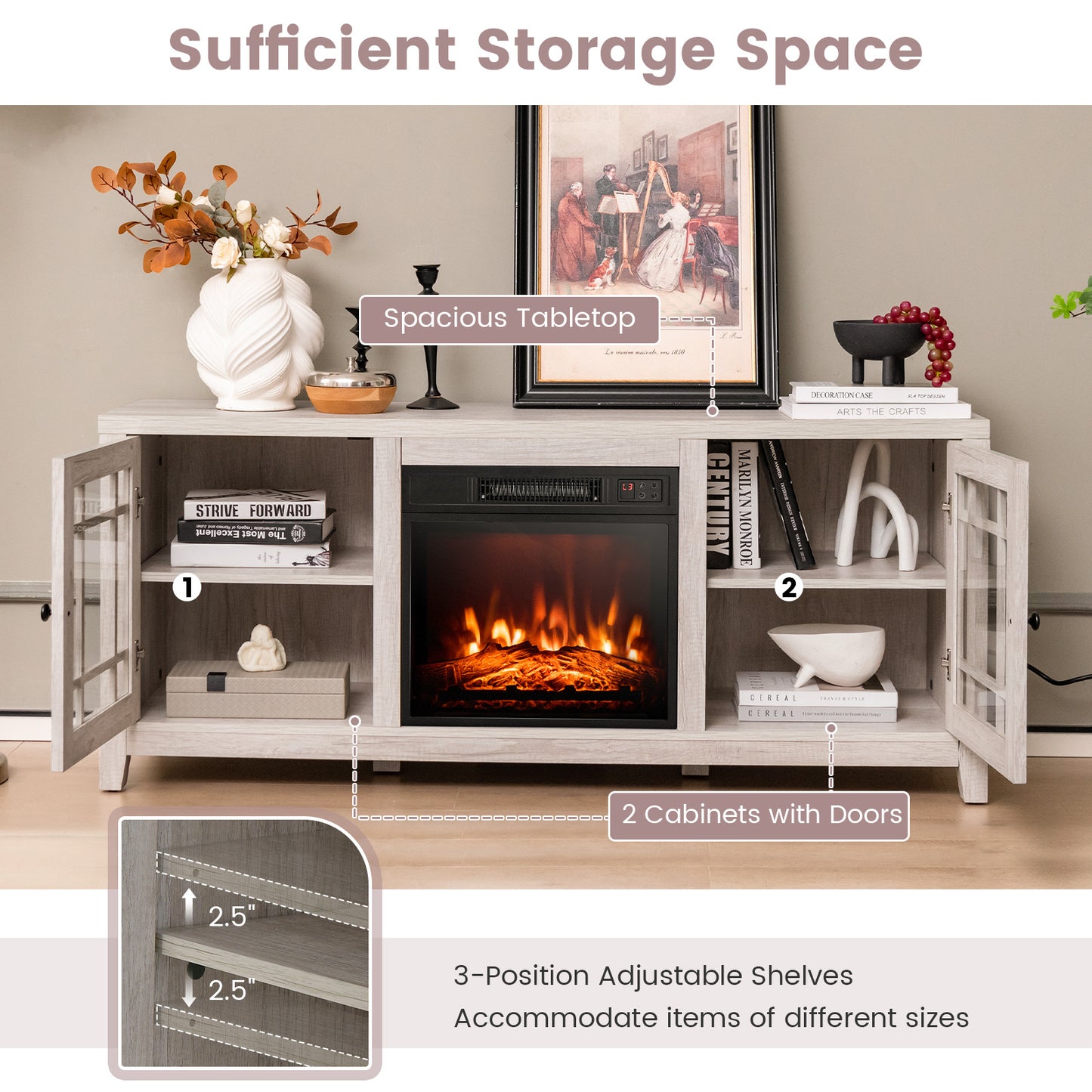 Modern 58 Inch TV Stand with Electric Fireplace and Adjustable Storage for TVs up to 65 Inches - Natural