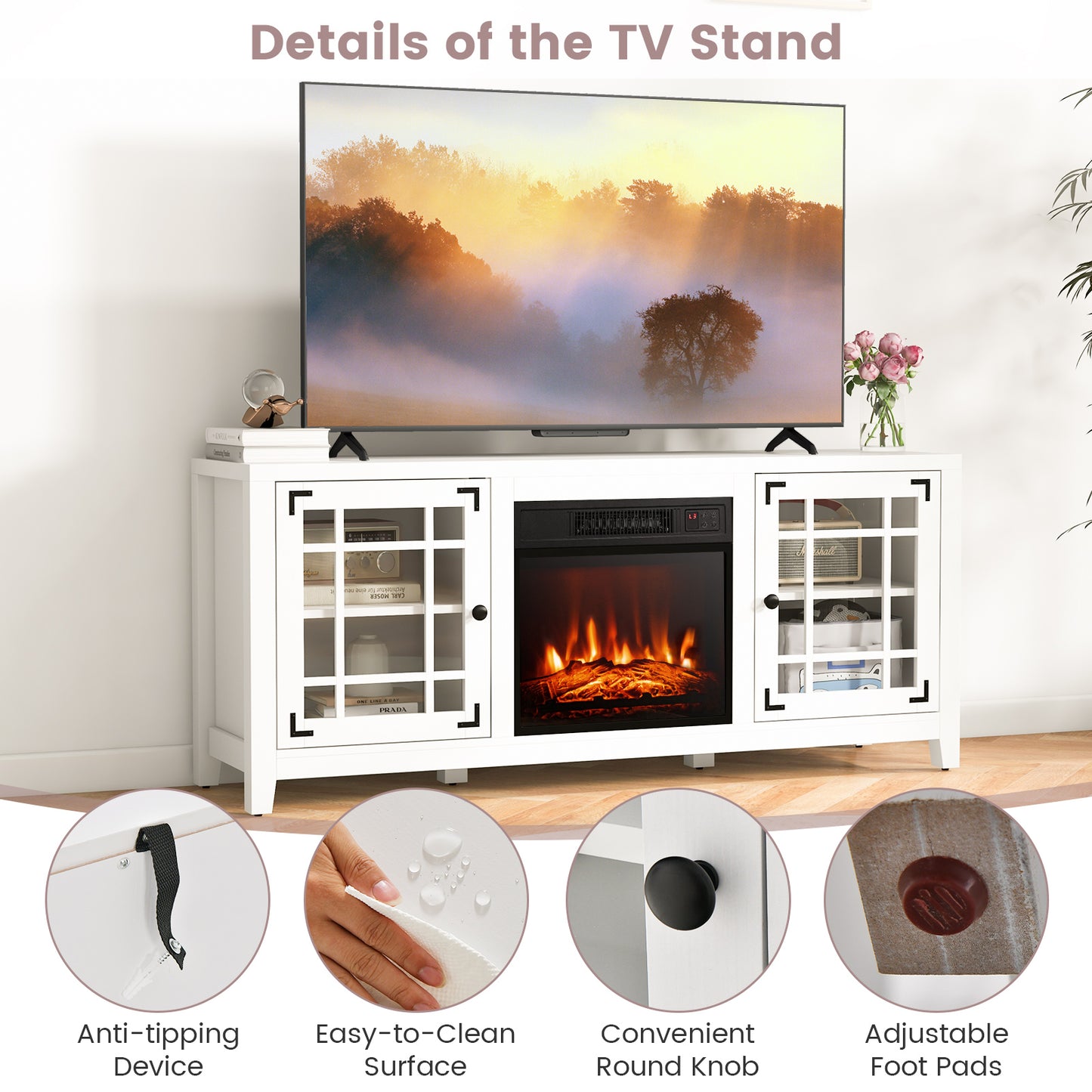 Modern 58 Inch TV Stand with Electric Fireplace and Adjustable Storage for TVs up to 65 Inches - White