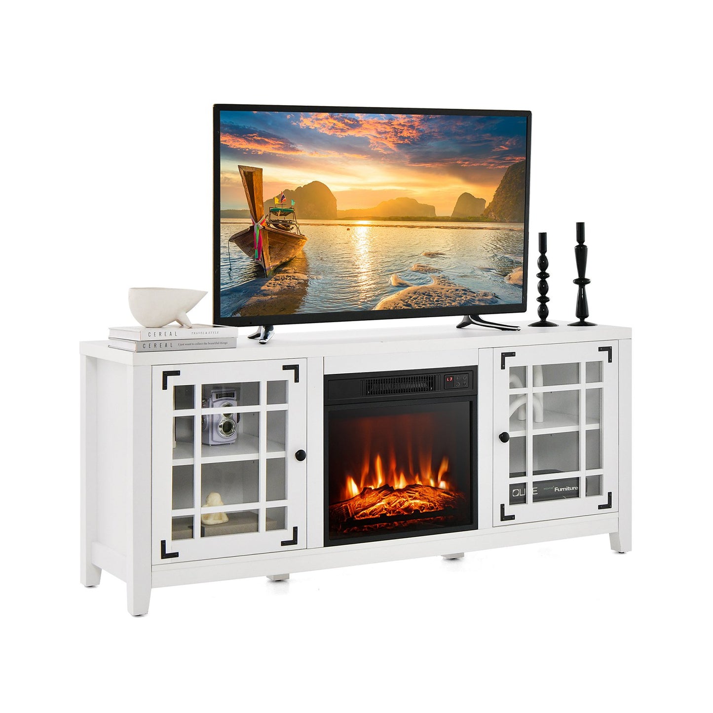 Modern 58 Inch TV Stand with Electric Fireplace and Adjustable Storage for TVs up to 65 Inches - White