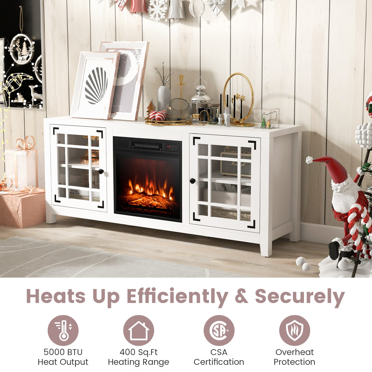 Modern 58 Inch TV Stand with Electric Fireplace and Adjustable Storage for TVs up to 65 Inches - White