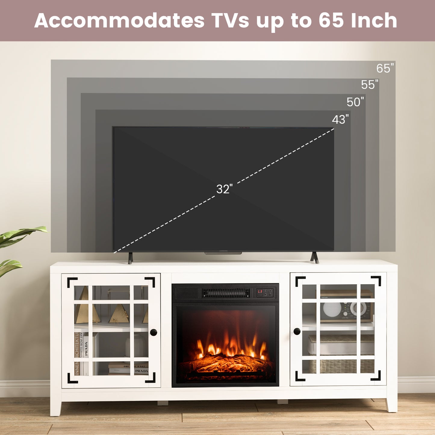 Modern 58 Inch TV Stand with Electric Fireplace and Adjustable Storage for TVs up to 65 Inches - White
