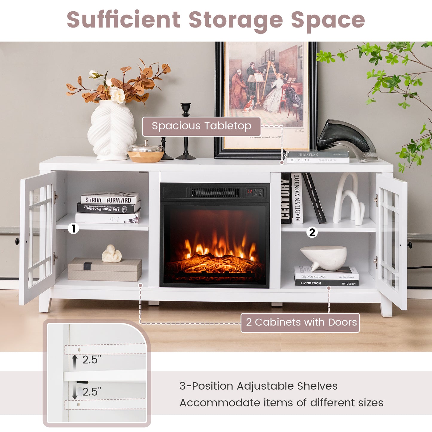 Modern 58 Inch TV Stand with Electric Fireplace and Adjustable Storage for TVs up to 65 Inches - White