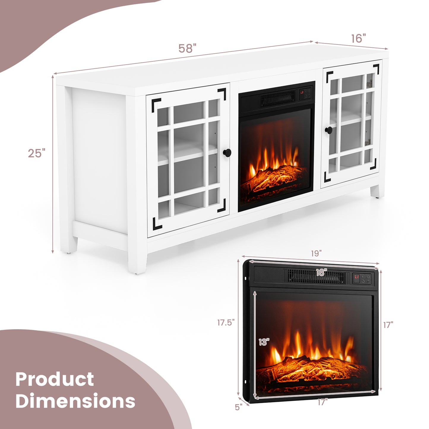 Modern 58 Inch TV Stand with Electric Fireplace and Adjustable Storage for TVs up to 65 Inches - White