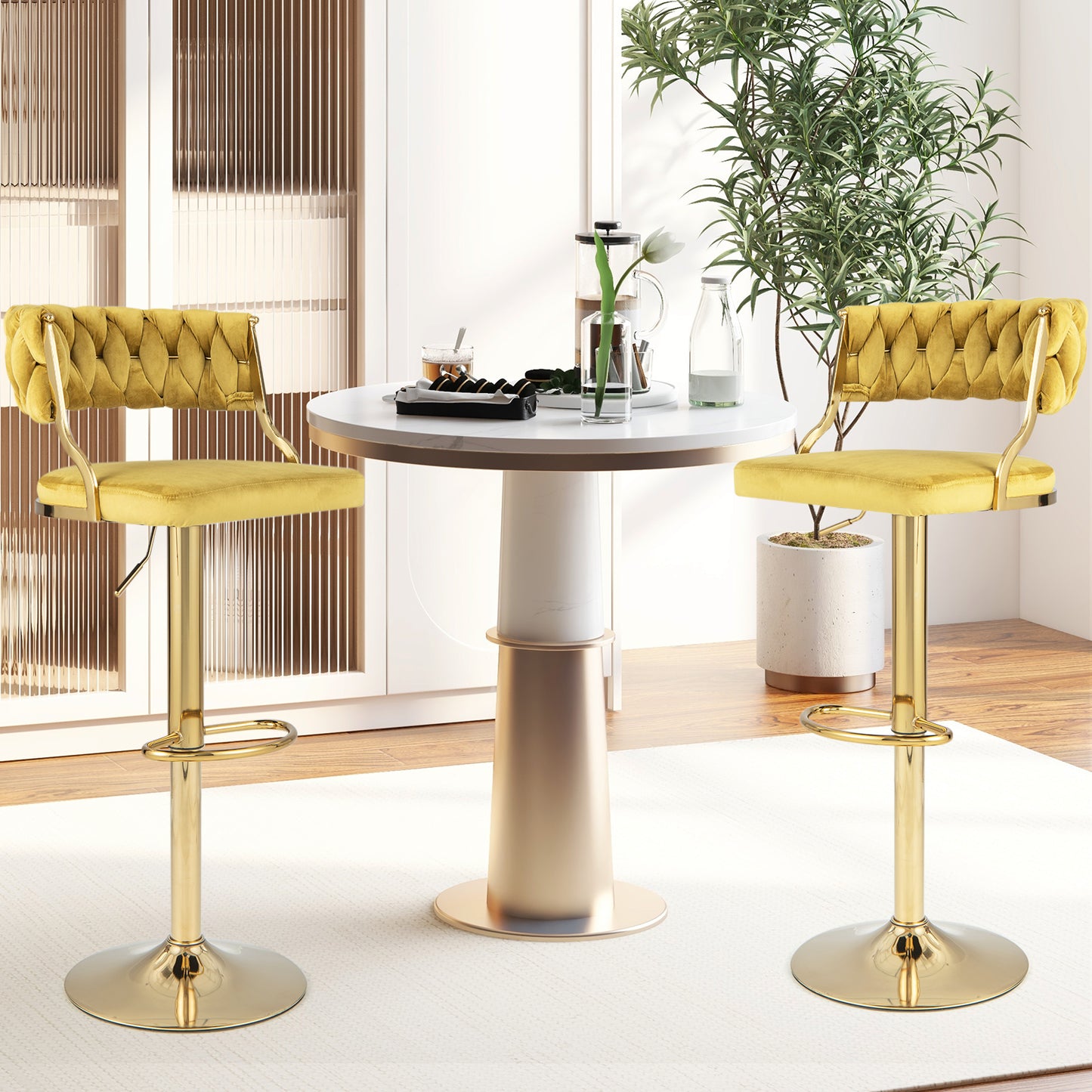 2 Pieces Velvet Swivel Bar Stools with Woven Back and Gold Metal Base for Island or Cafe Seating - Yellow