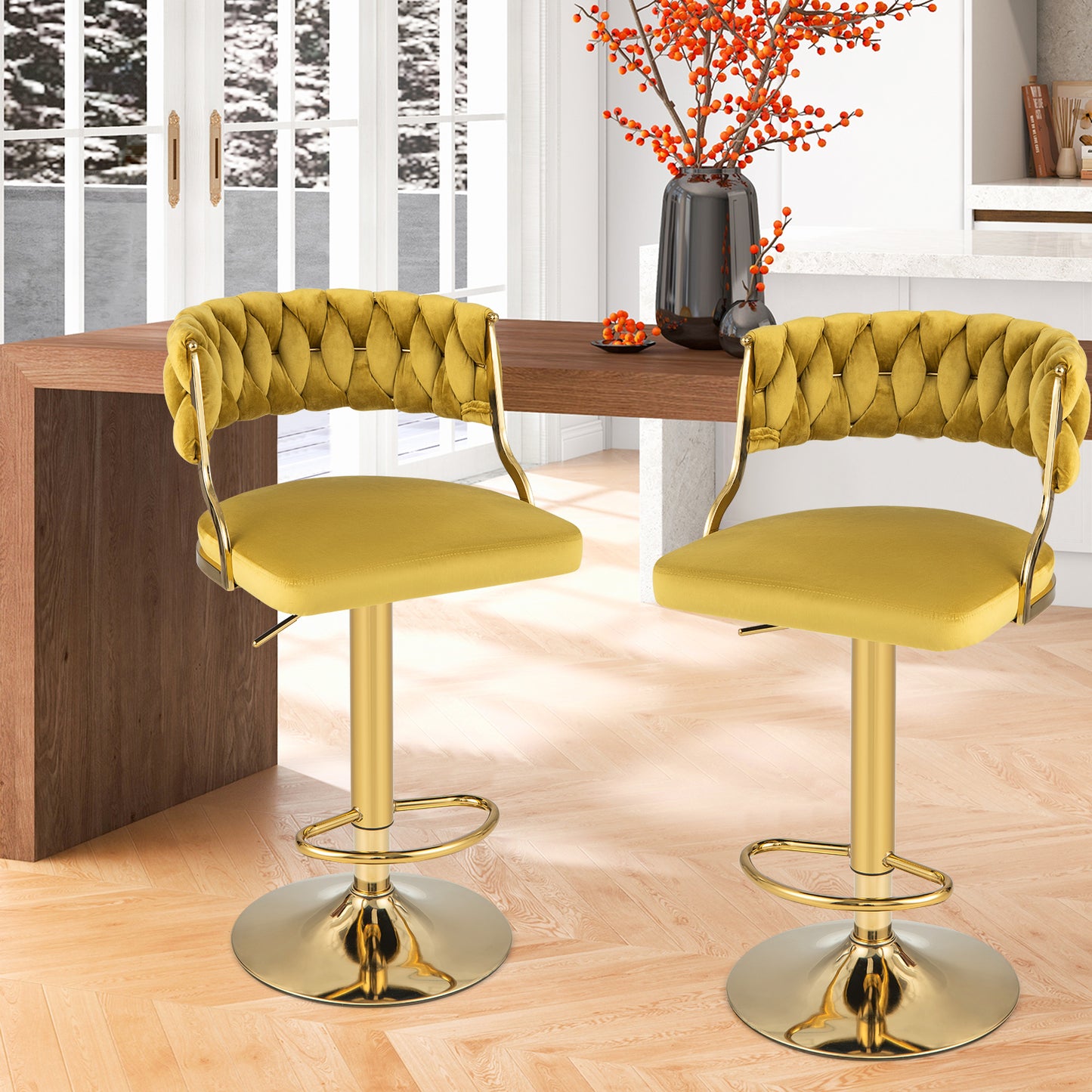 2 Pieces Velvet Swivel Bar Stools with Woven Back and Gold Metal Base for Island or Cafe Seating - Yellow