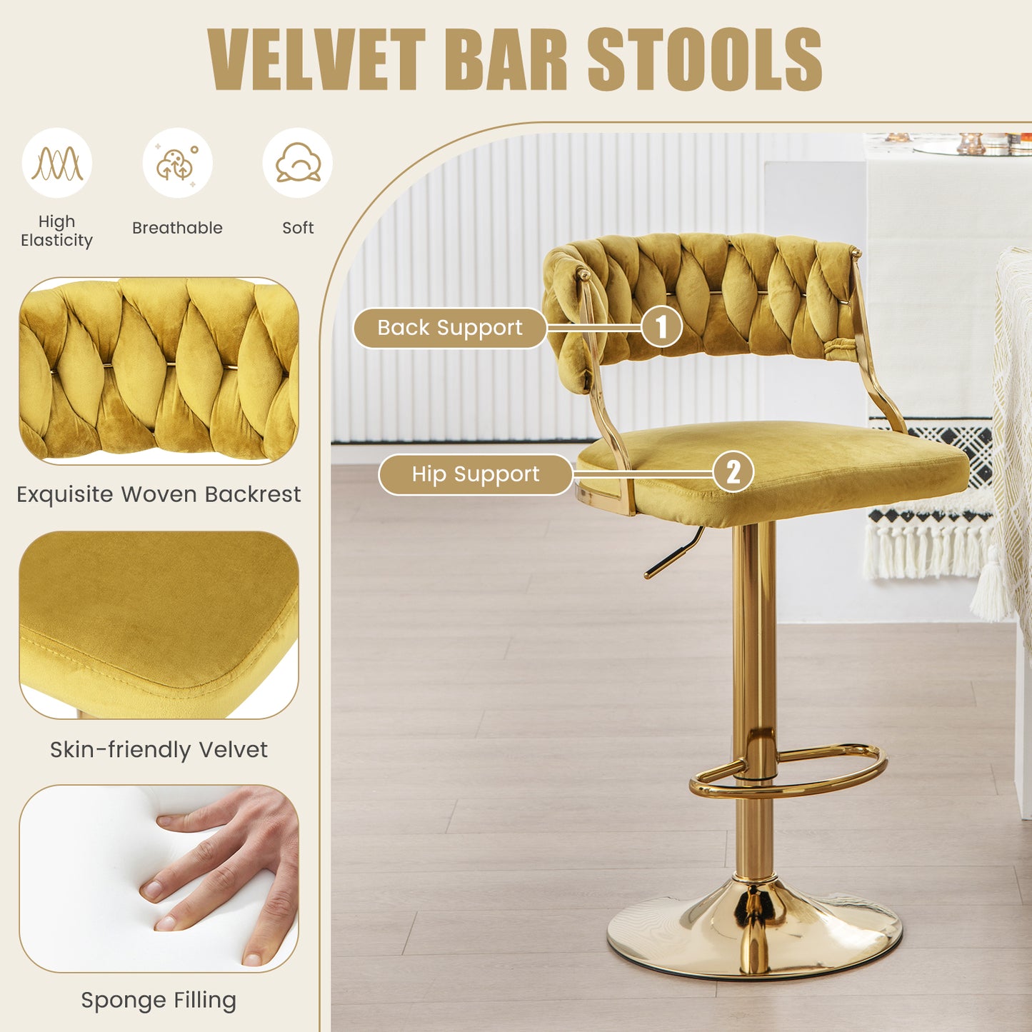 2 Pieces Velvet Swivel Bar Stools with Woven Back and Gold Metal Base for Island or Cafe Seating - Yellow