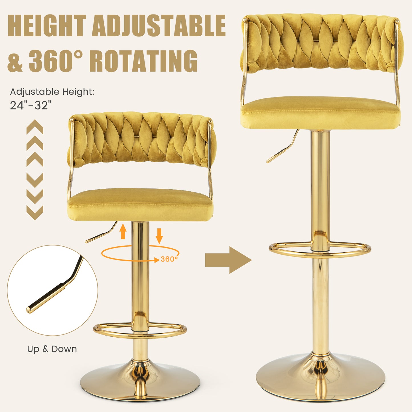 2 Pieces Velvet Swivel Bar Stools with Woven Back and Gold Metal Base for Island or Cafe Seating - Yellow