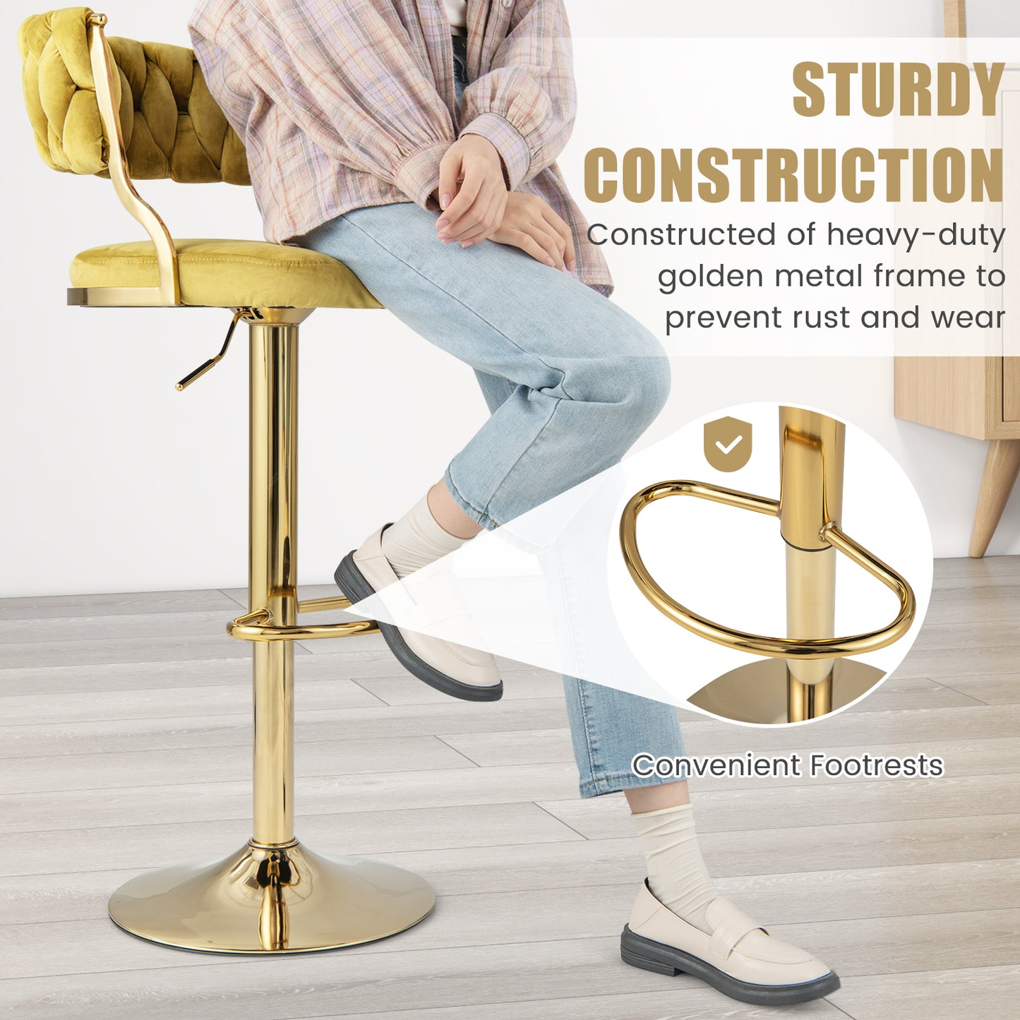 2 Pieces Velvet Swivel Bar Stools with Woven Back and Gold Metal Base for Island or Cafe Seating - Yellow