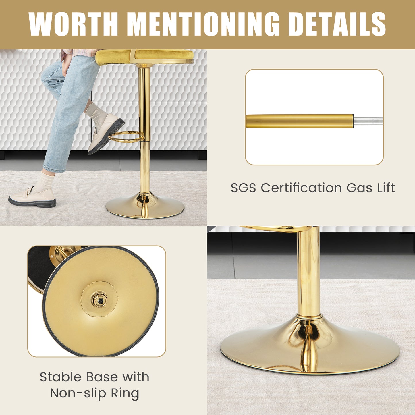2 Pieces Velvet Swivel Bar Stools with Woven Back and Gold Metal Base for Island or Cafe Seating - Yellow
