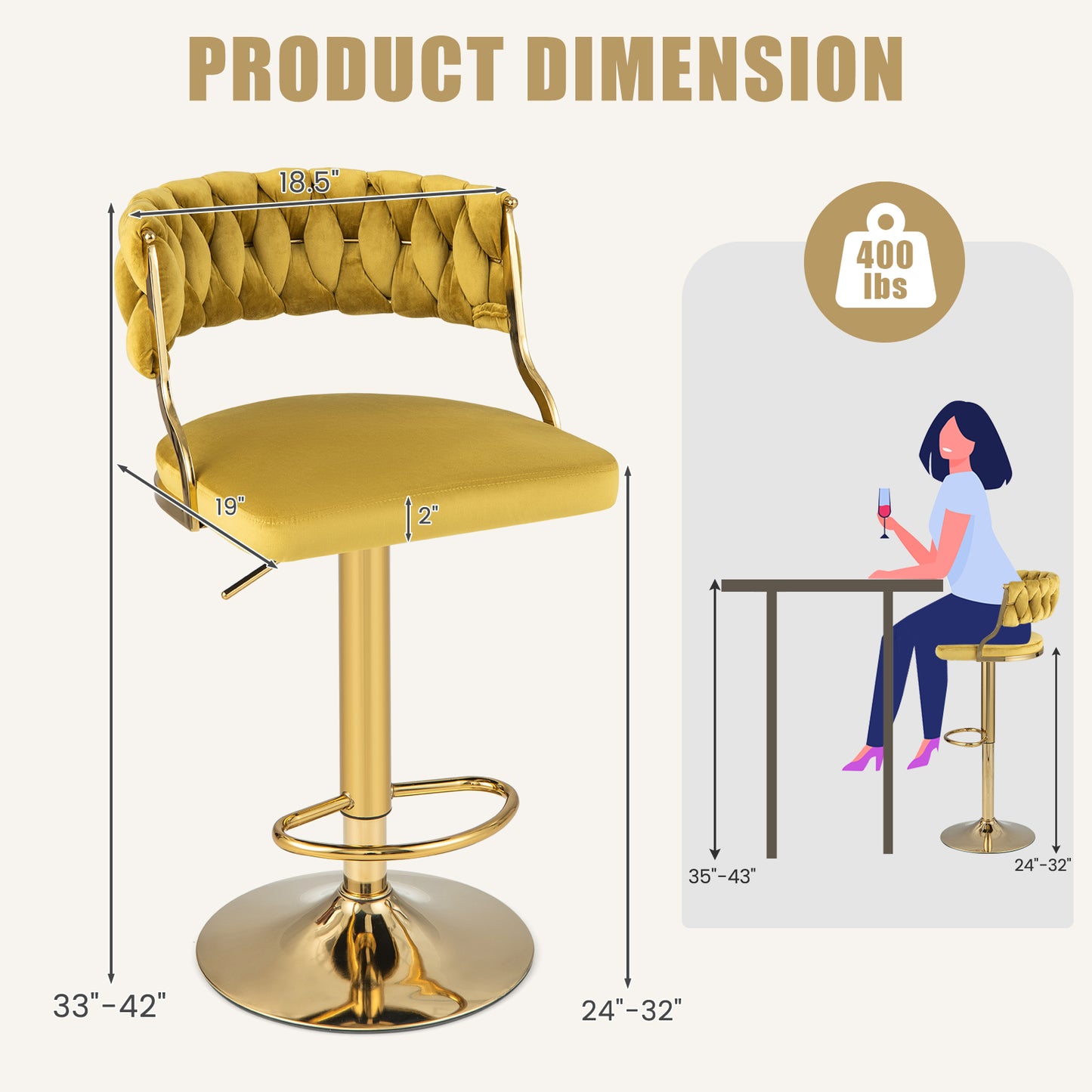 2 Pieces Velvet Swivel Bar Stools with Woven Back and Gold Metal Base for Island or Cafe Seating - Yellow