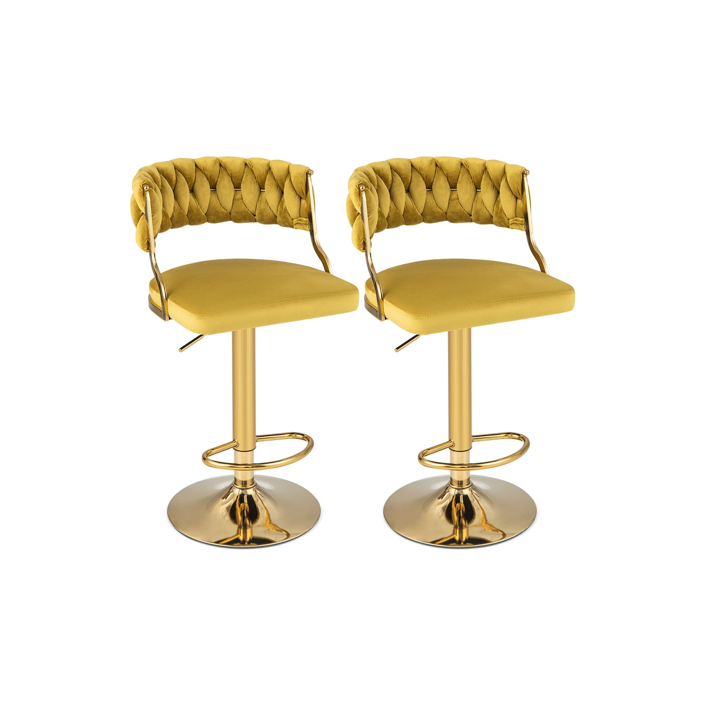 2 Pieces Velvet Swivel Bar Stools with Woven Back and Gold Metal Base for Island or Cafe Seating - Yellow