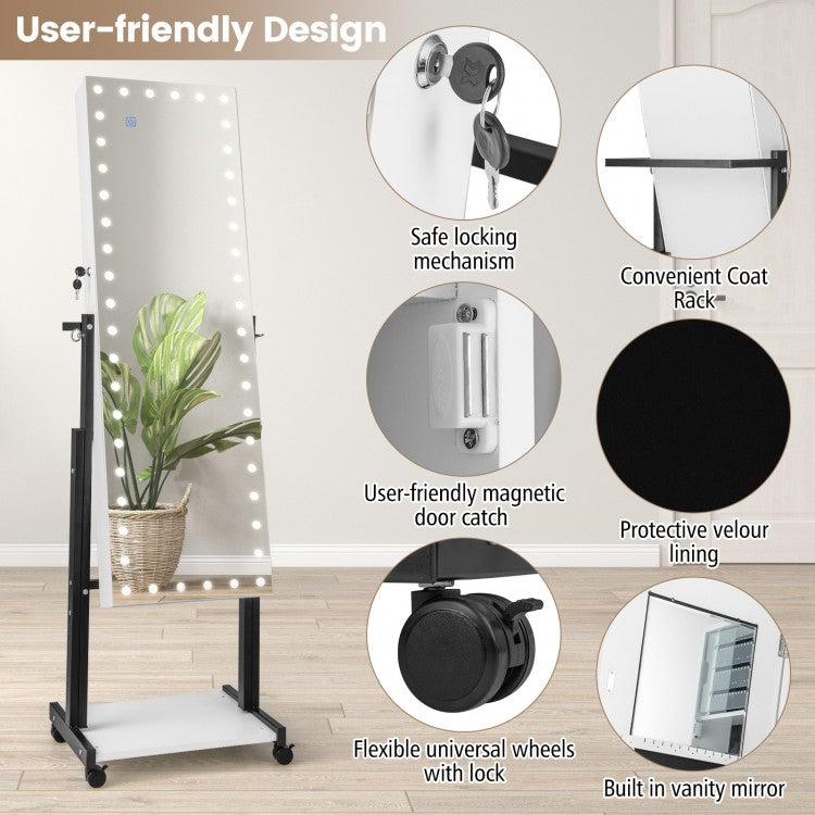 LED Mirror Jewelry Cabinet Armoire with Adjustable Height, Lockable Storage, and Wheels – White