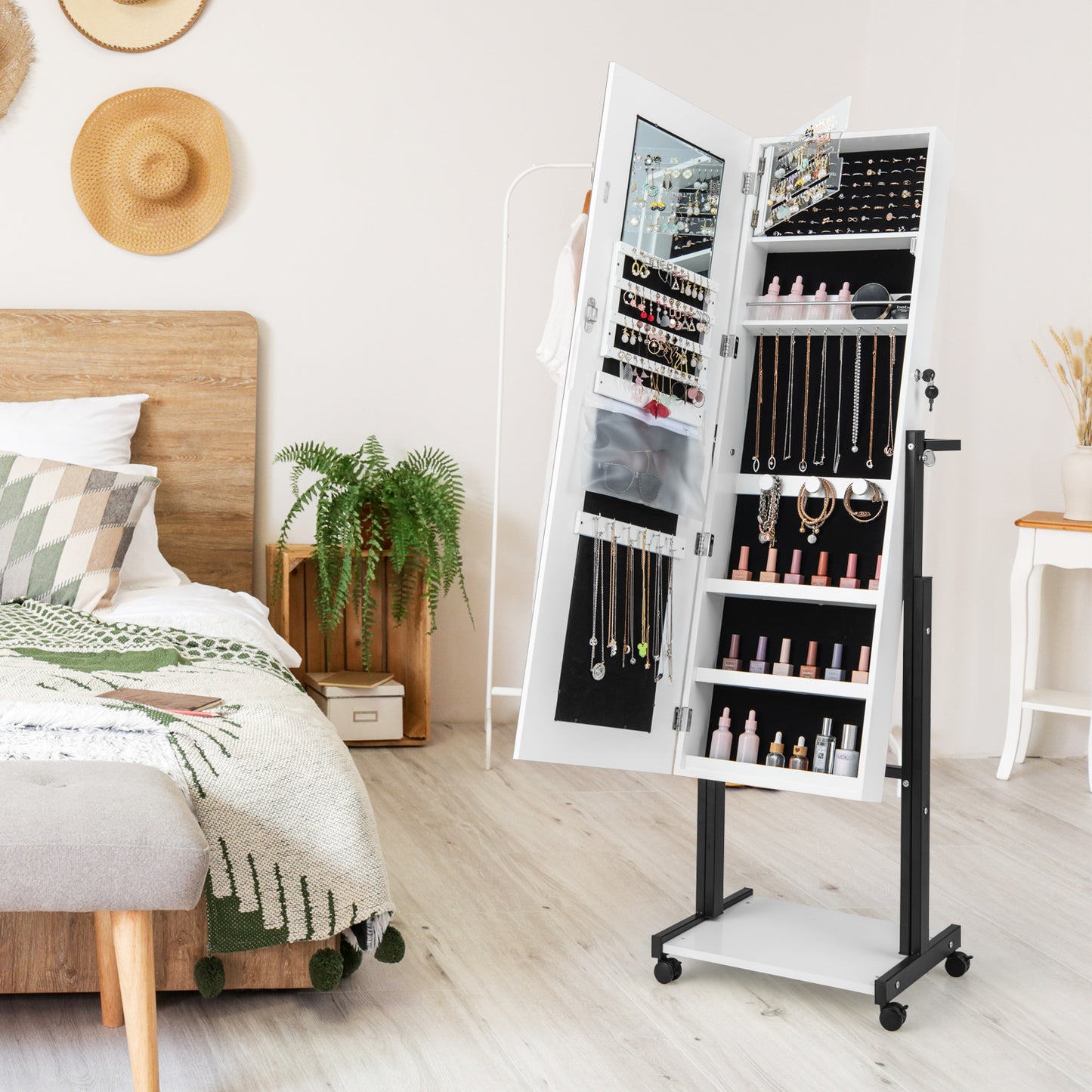 LED Mirror Jewelry Cabinet Armoire with Adjustable Height, Lockable Storage, and Wheels – White