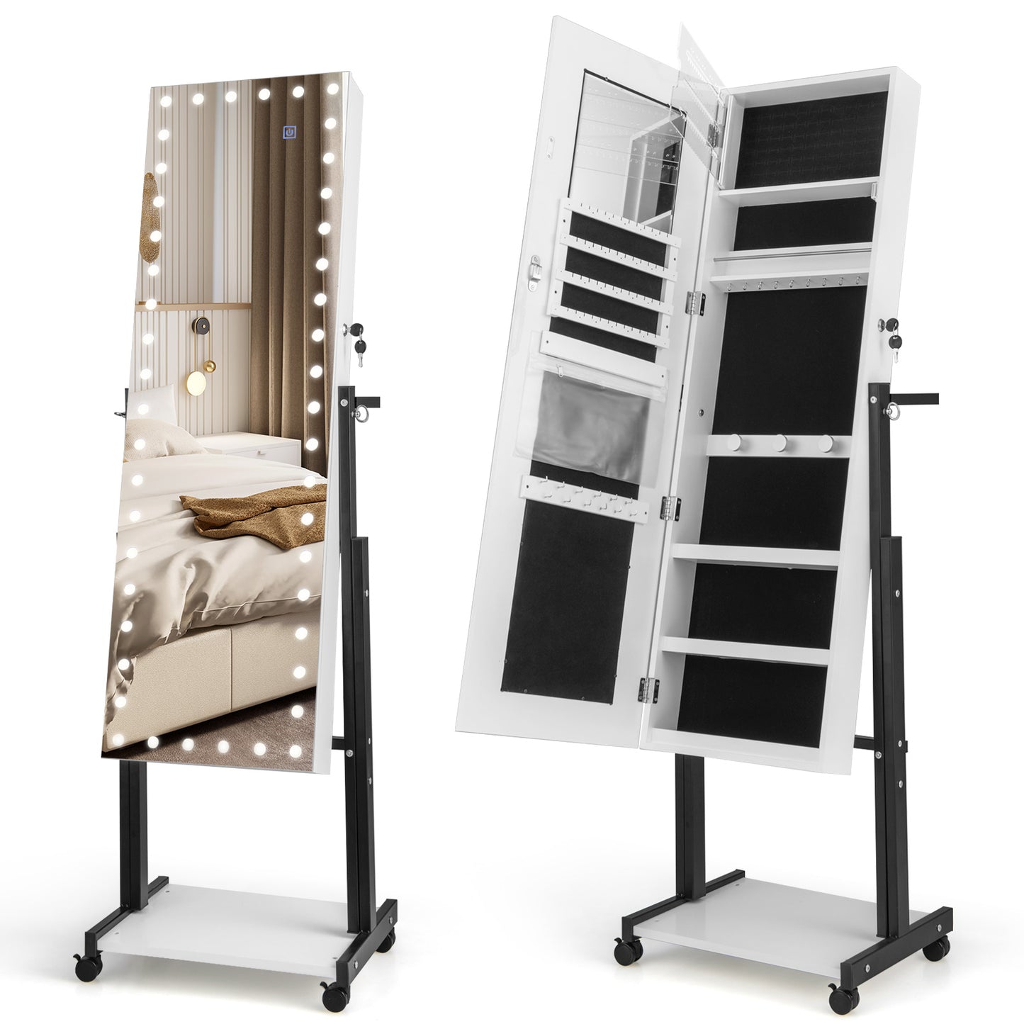 LED Mirror Jewelry Cabinet Armoire with Adjustable Height, Lockable Storage, and Wheels – White