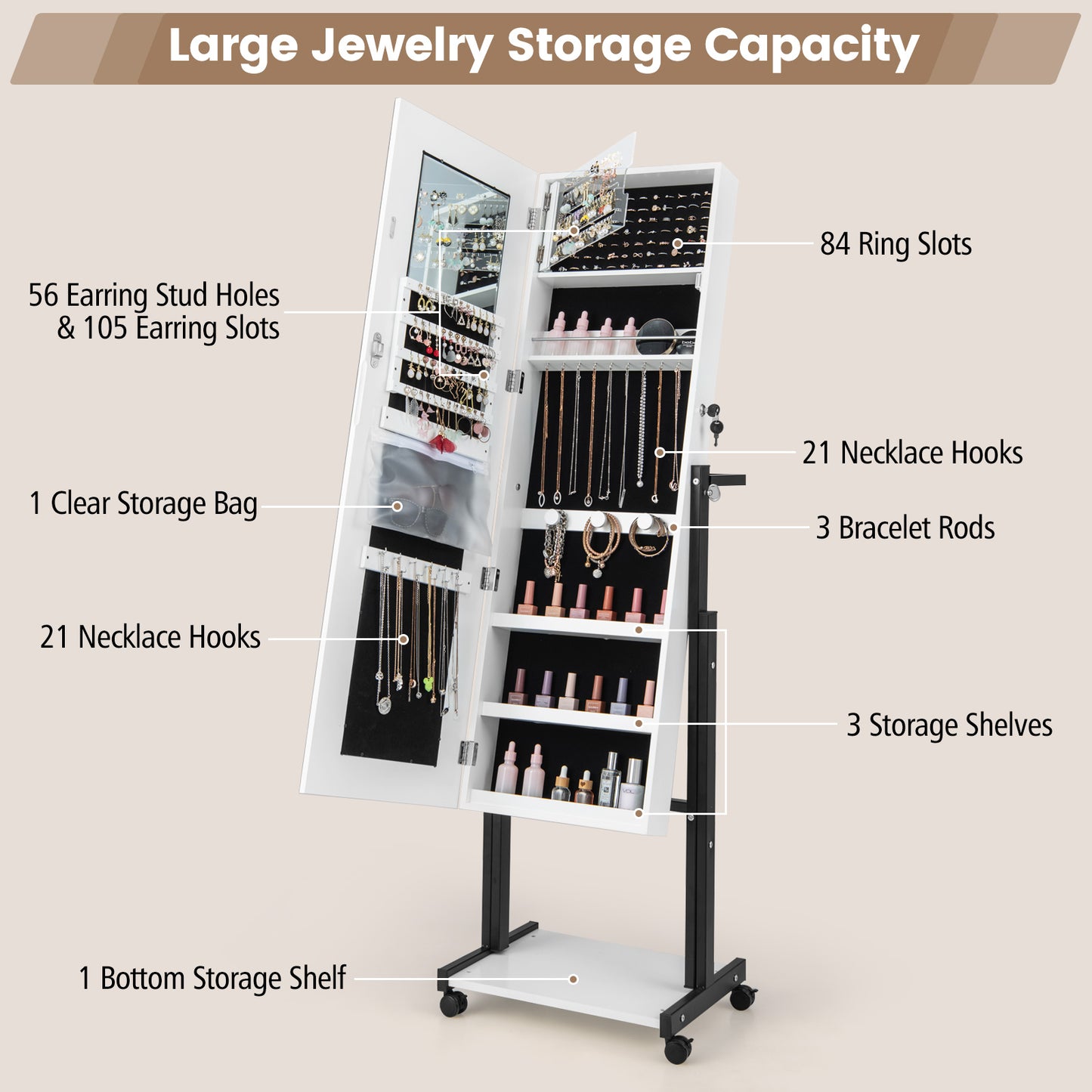 LED Mirror Jewelry Cabinet Armoire with Adjustable Height, Lockable Storage, and Wheels – White