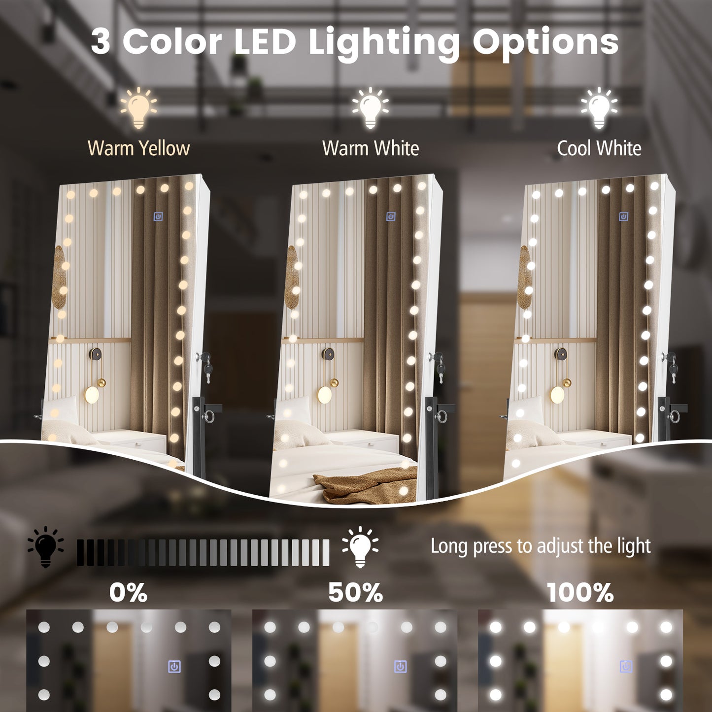 LED Mirror Jewelry Cabinet Armoire with Adjustable Height, Lockable Storage, and Wheels – White