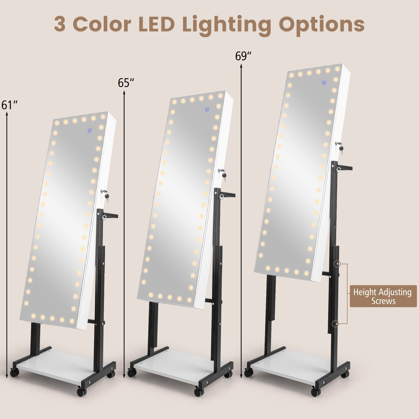 LED Mirror Jewelry Cabinet Armoire with Adjustable Height, Lockable Storage, and Wheels – White