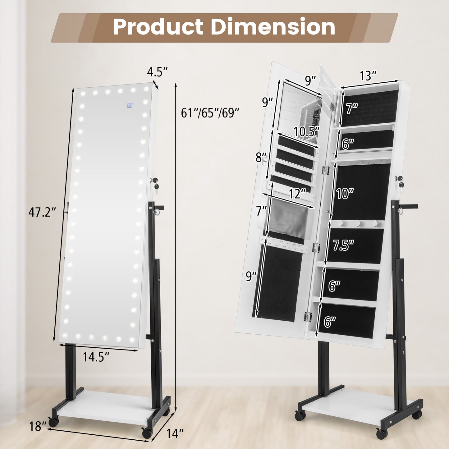 LED Mirror Jewelry Cabinet Armoire with Adjustable Height, Lockable Storage, and Wheels – White