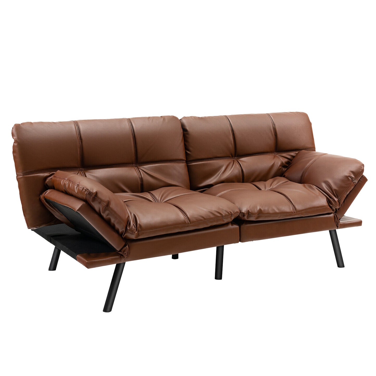 Convertible Memory Foam Futon Sofa Bed with Adjustable Armrests, Brown Upholstery