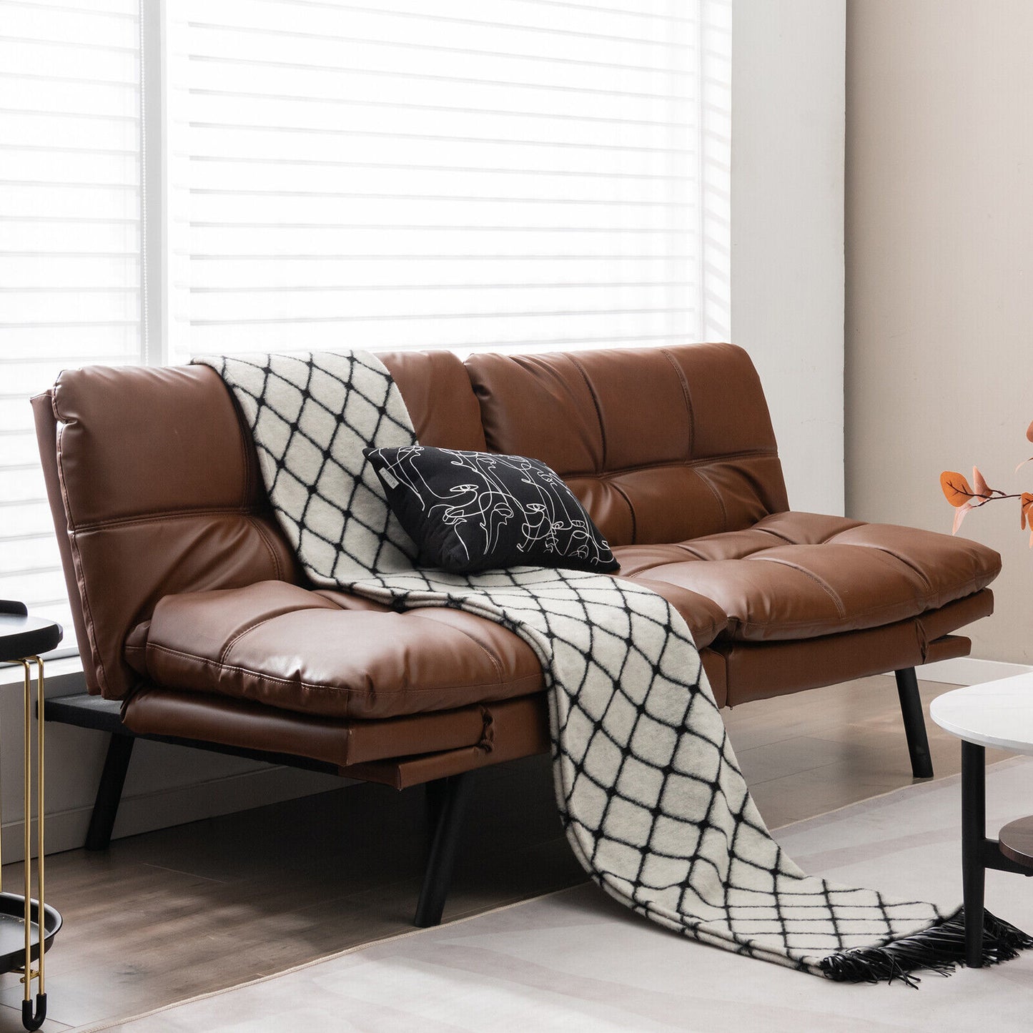 Convertible Memory Foam Futon Sofa Bed with Adjustable Armrests, Brown Upholstery