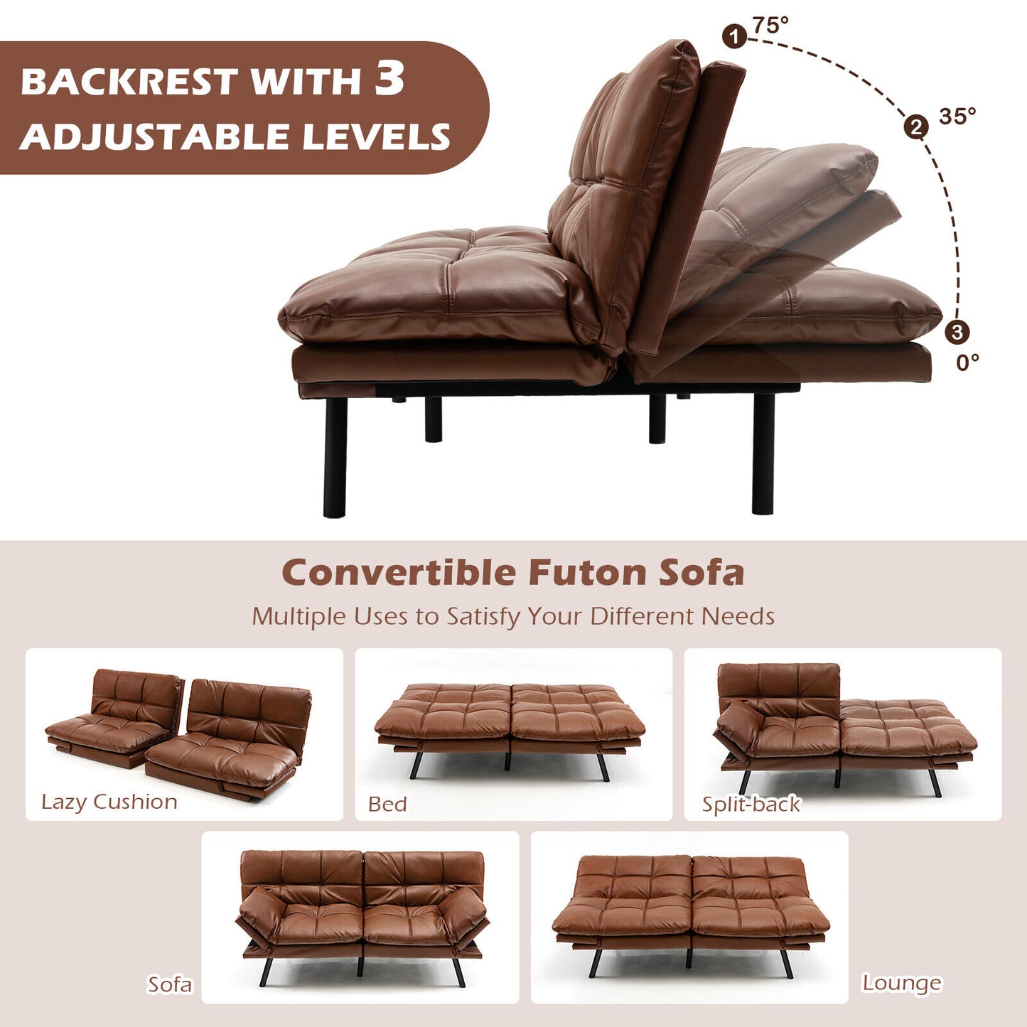 Convertible Memory Foam Futon Sofa Bed with Adjustable Armrests, Brown Upholstery