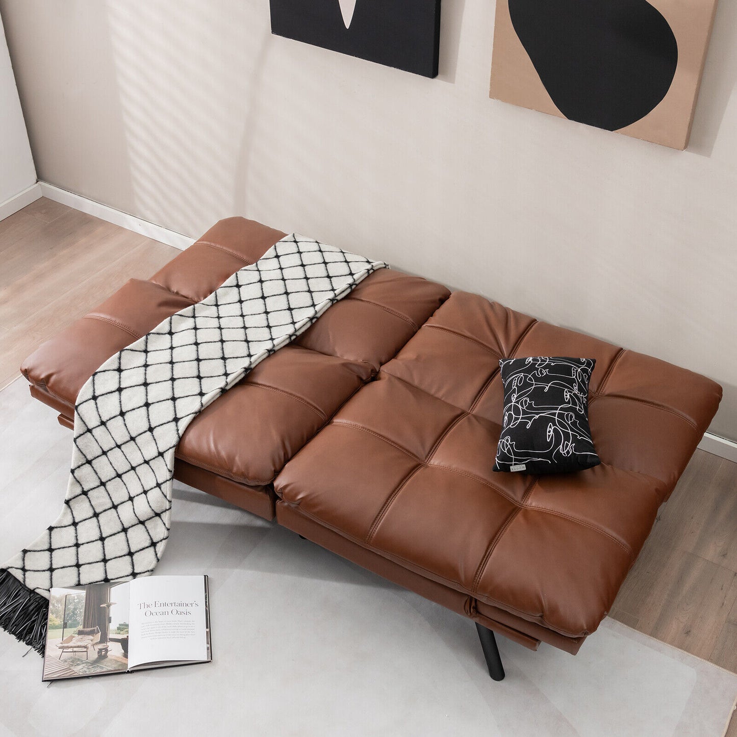 Convertible Memory Foam Futon Sofa Bed with Adjustable Armrests, Brown Upholstery