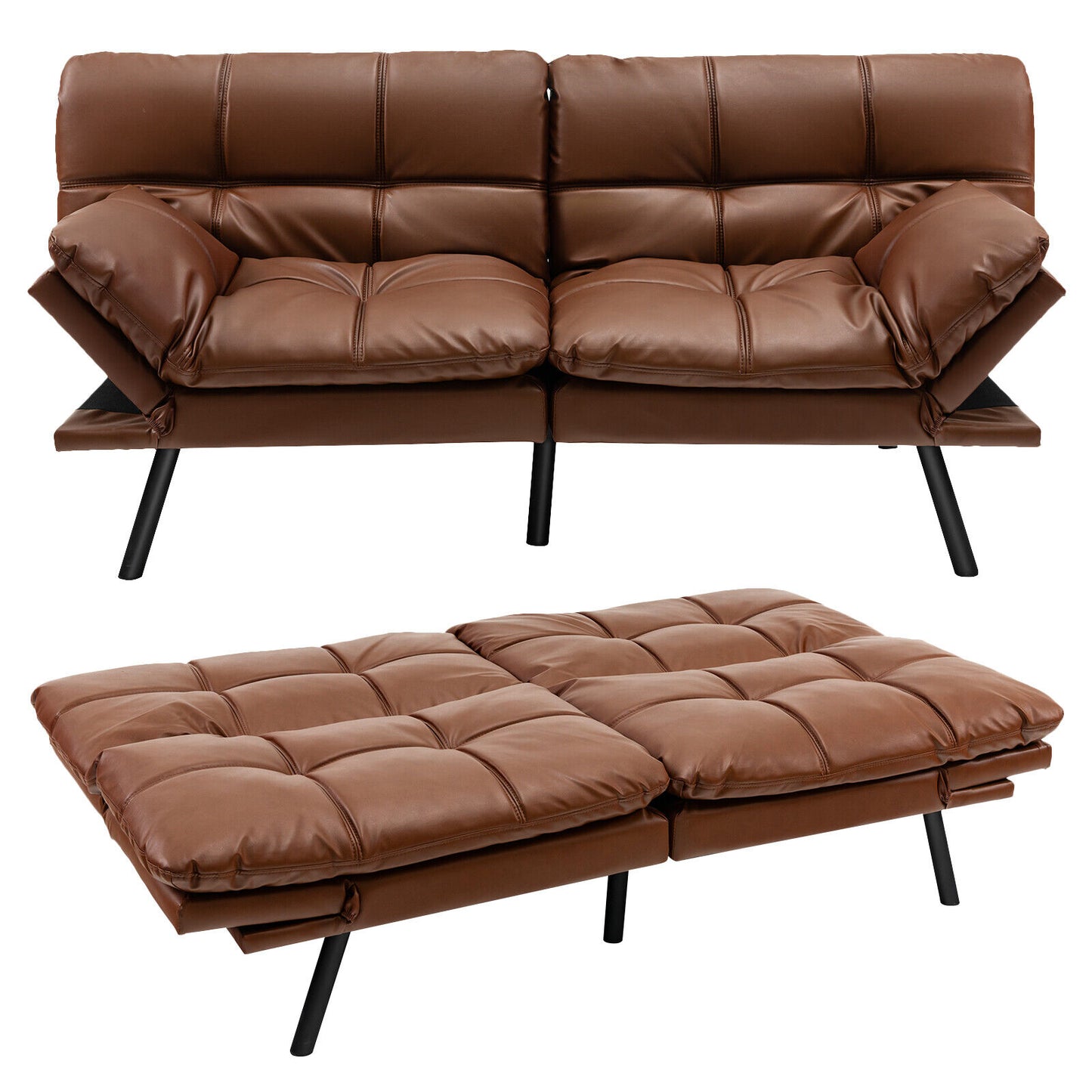 Convertible Memory Foam Futon Sofa Bed with Adjustable Armrests, Brown Upholstery