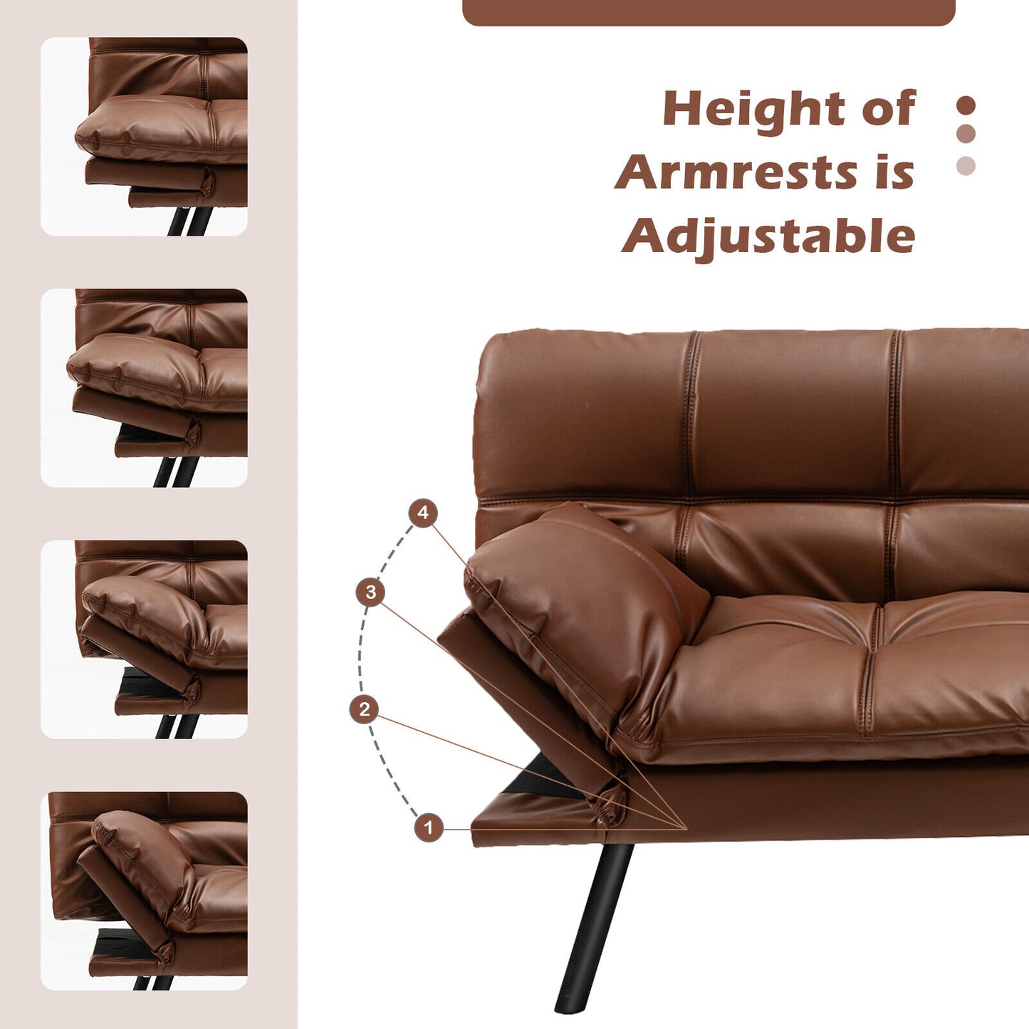 Convertible Memory Foam Futon Sofa Bed with Adjustable Armrests, Brown Upholstery