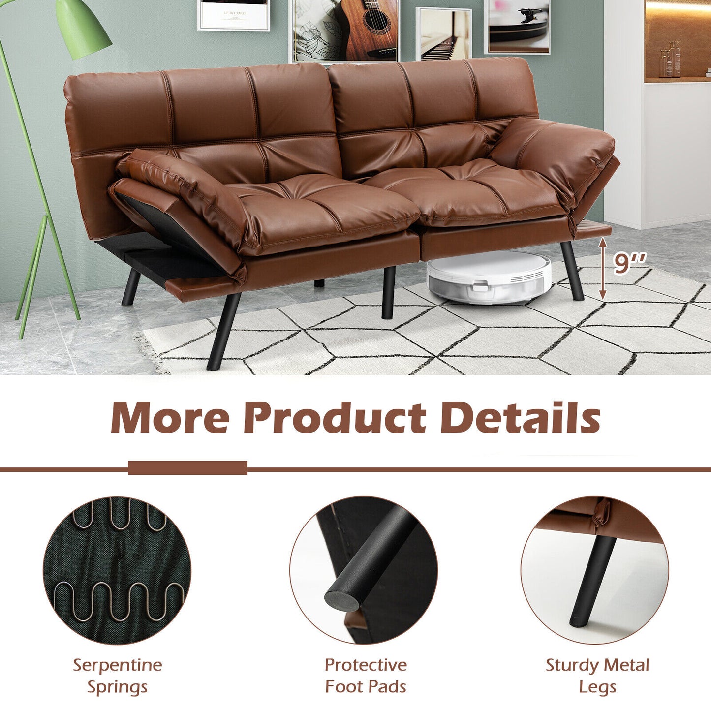 Convertible Memory Foam Futon Sofa Bed with Adjustable Armrests, Brown Upholstery