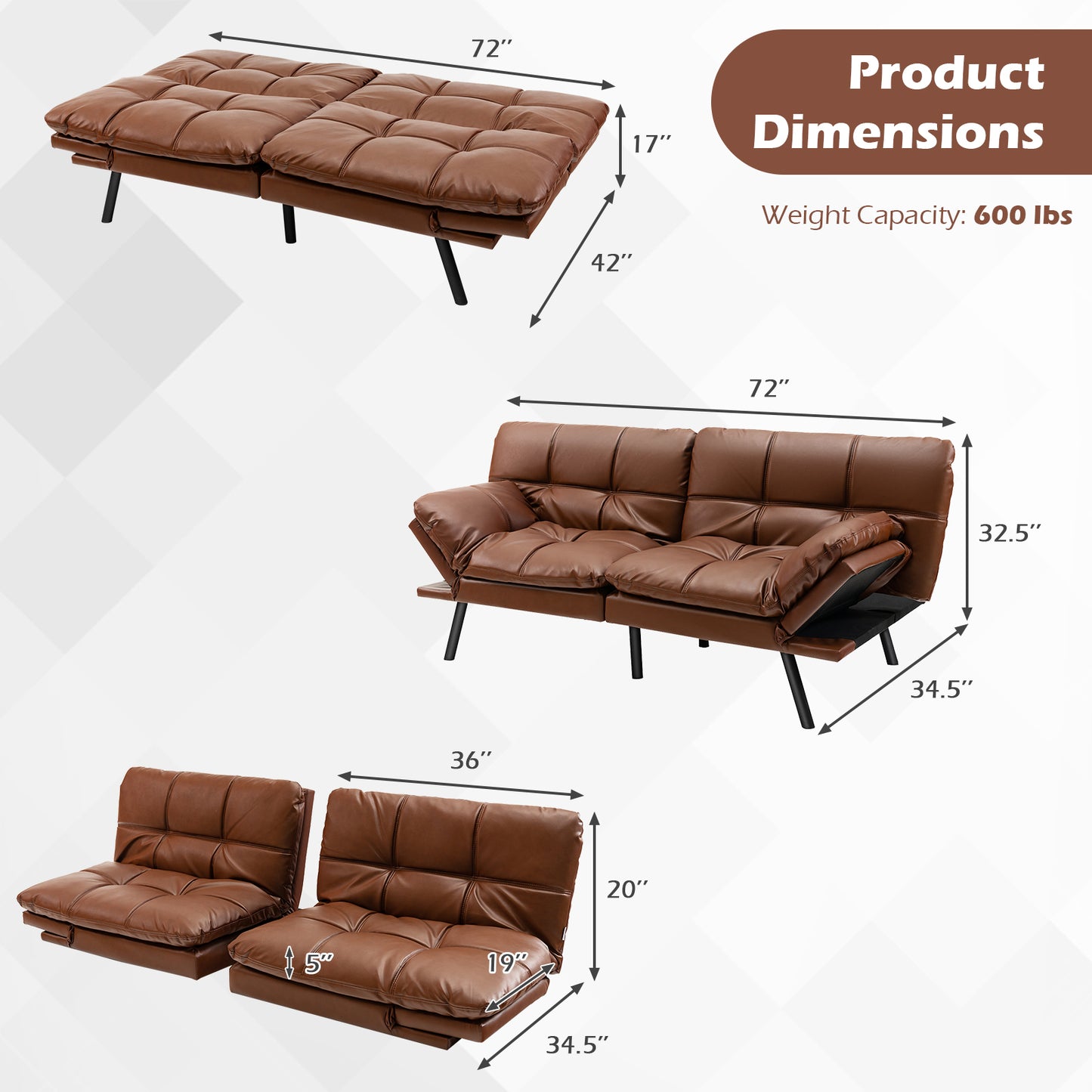 Convertible Memory Foam Futon Sofa Bed with Adjustable Armrests, Brown Upholstery
