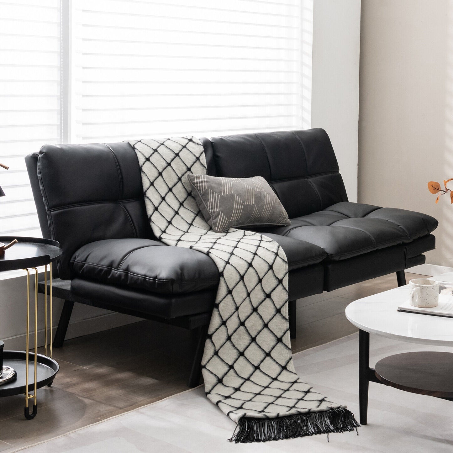 Convertible Memory Foam Futon Sofa Bed with Adjustable Armrests, Black Upholstery