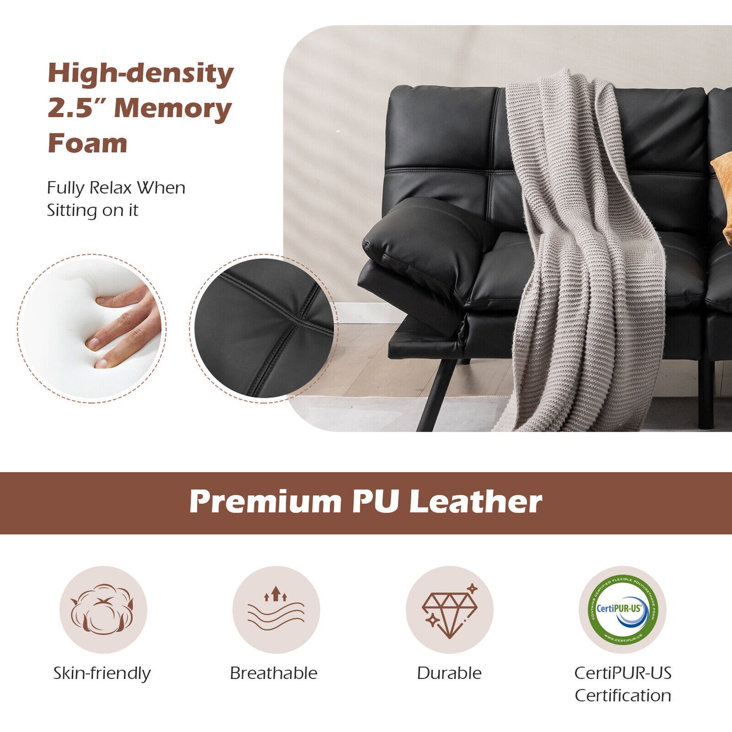 Convertible Memory Foam Futon Sofa Bed with Adjustable Armrests, Black Upholstery