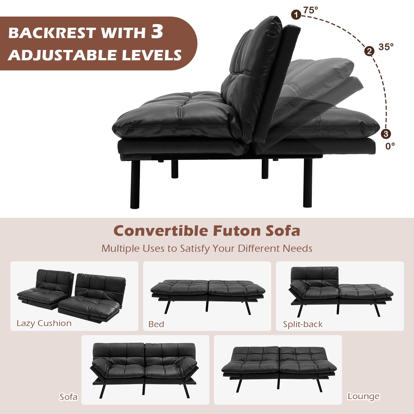 Convertible Memory Foam Futon Sofa Bed with Adjustable Armrests, Black Upholstery