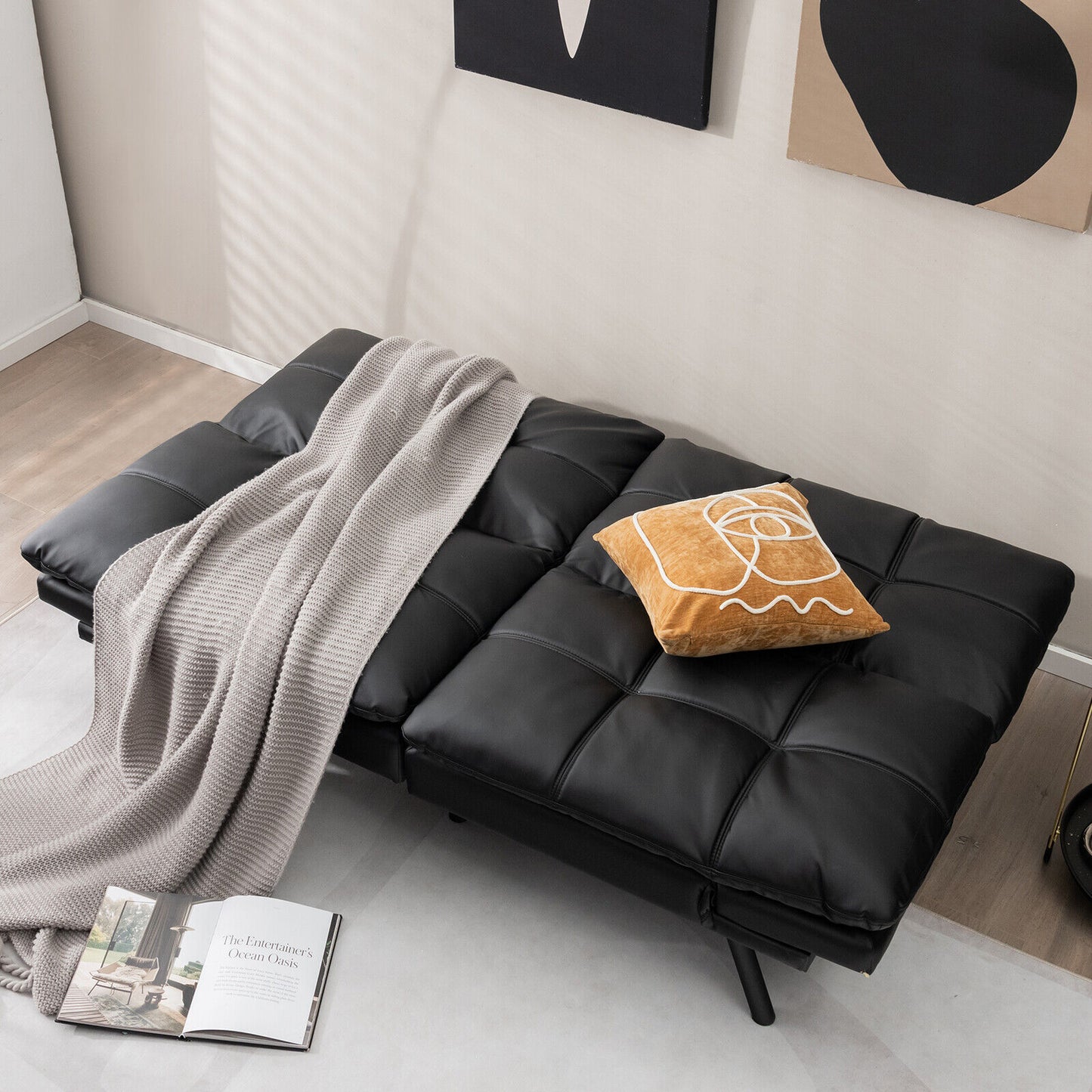 Convertible Memory Foam Futon Sofa Bed with Adjustable Armrests, Black Upholstery