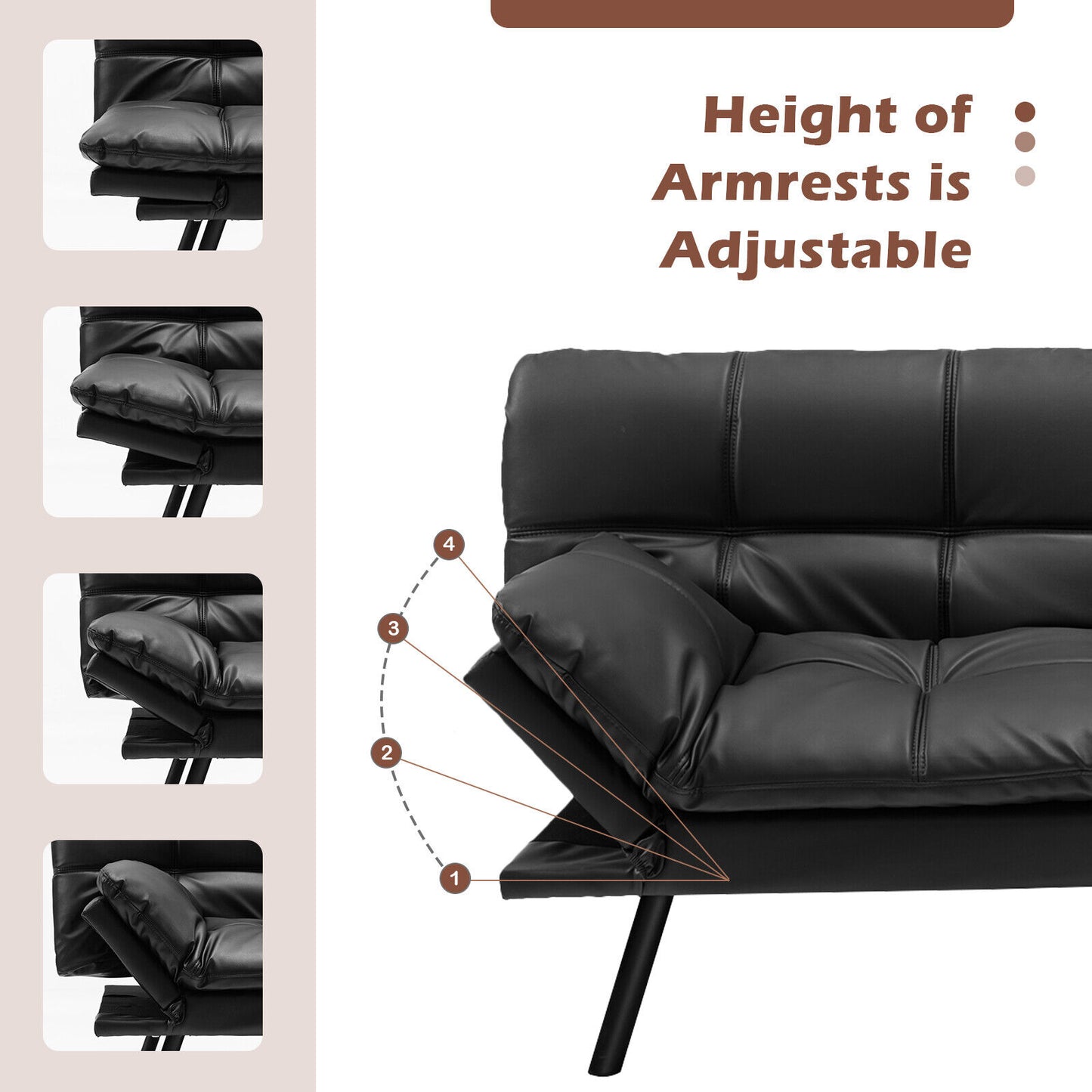 Convertible Memory Foam Futon Sofa Bed with Adjustable Armrests, Black Upholstery