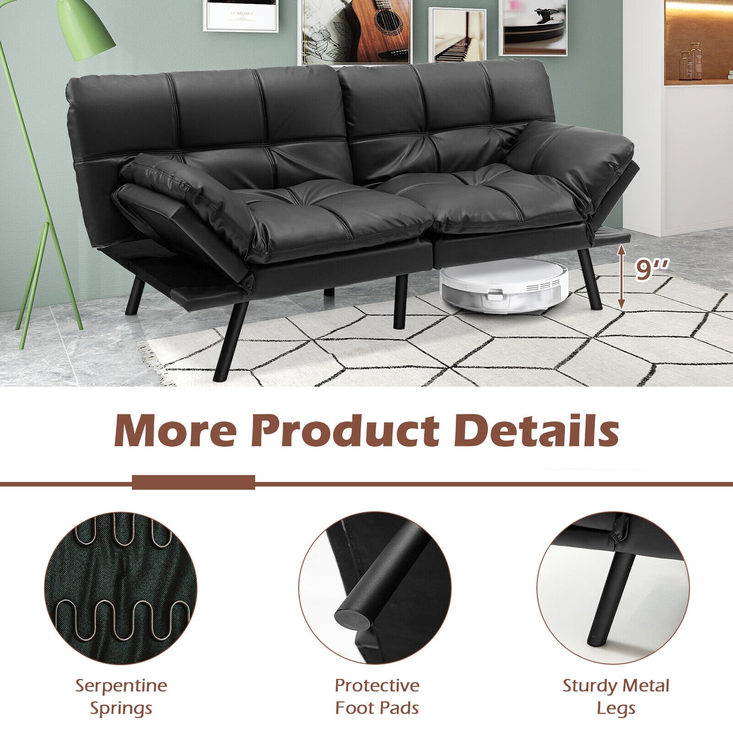 Convertible Memory Foam Futon Sofa Bed with Adjustable Armrests, Black Upholstery
