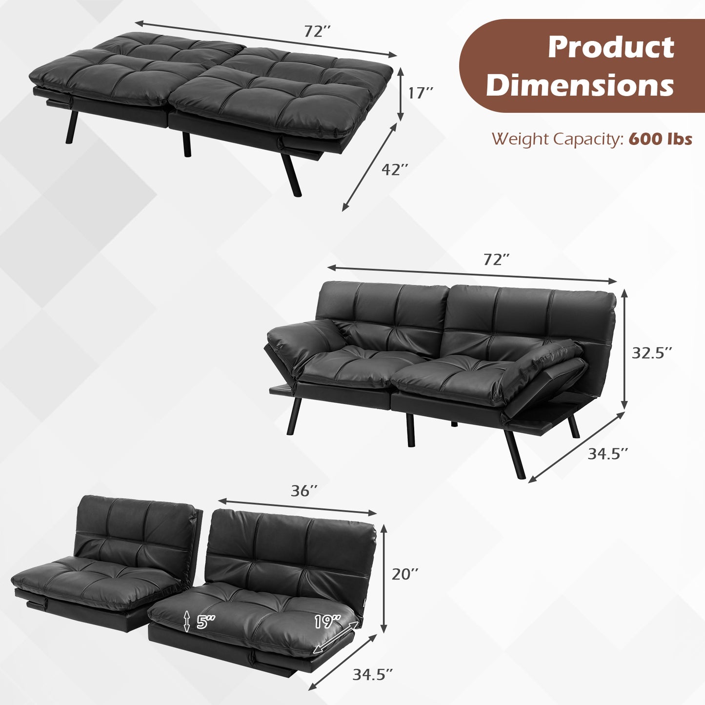 Convertible Memory Foam Futon Sofa Bed with Adjustable Armrests, Black Upholstery