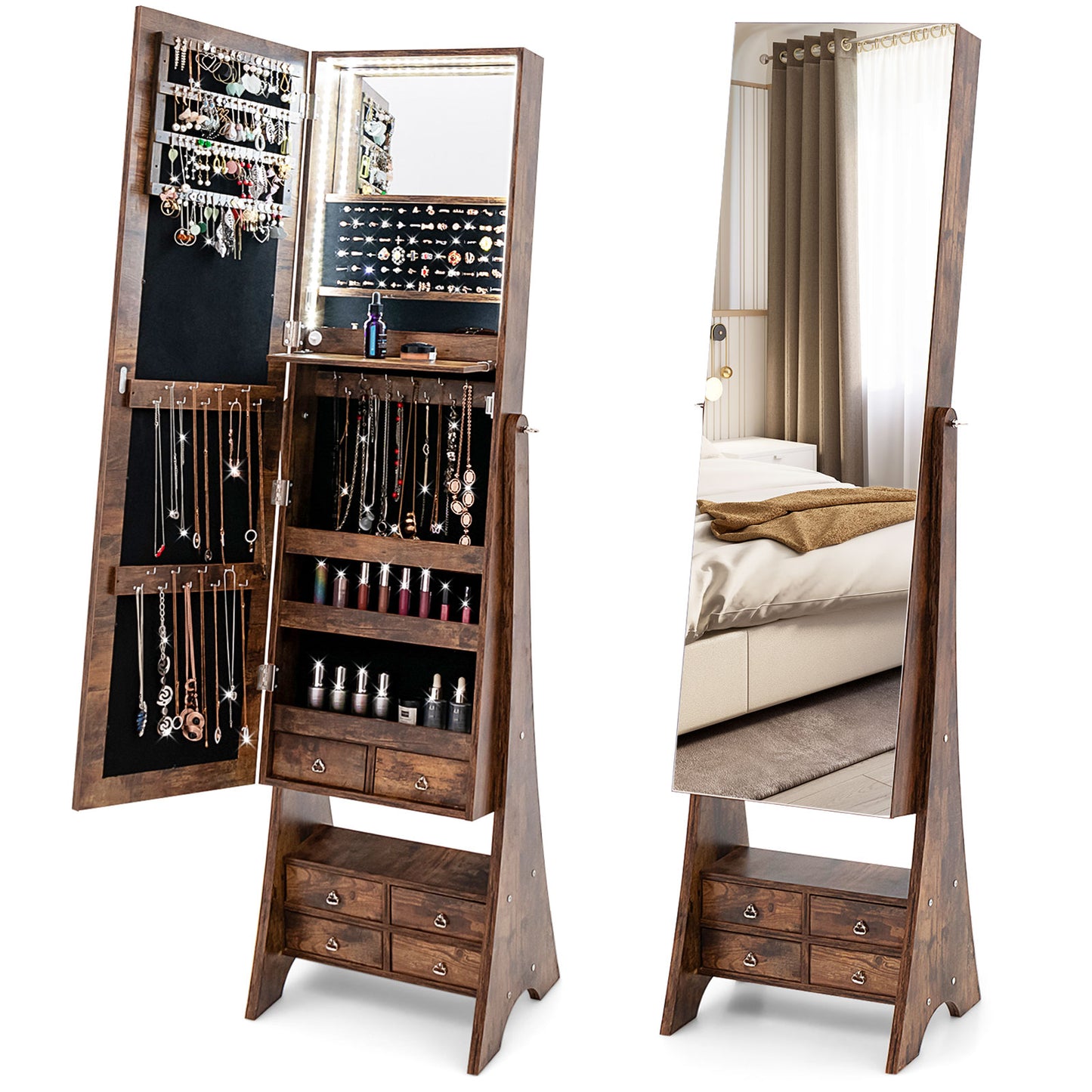 Freestanding Jewelry Armoire with Full-Length LED Mirror and 6 Storage Drawers – Rustic Brown