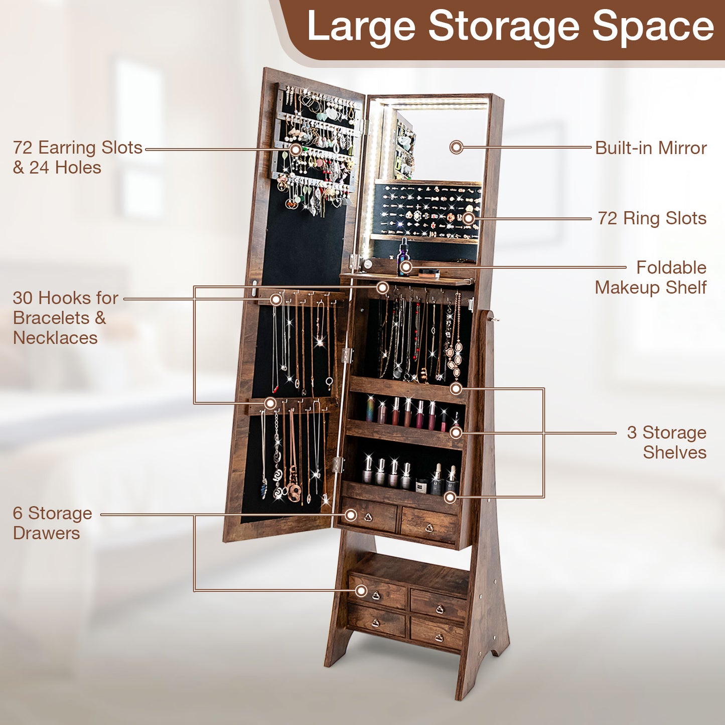 Freestanding Jewelry Armoire with Full-Length LED Mirror and 6 Storage Drawers – Rustic Brown